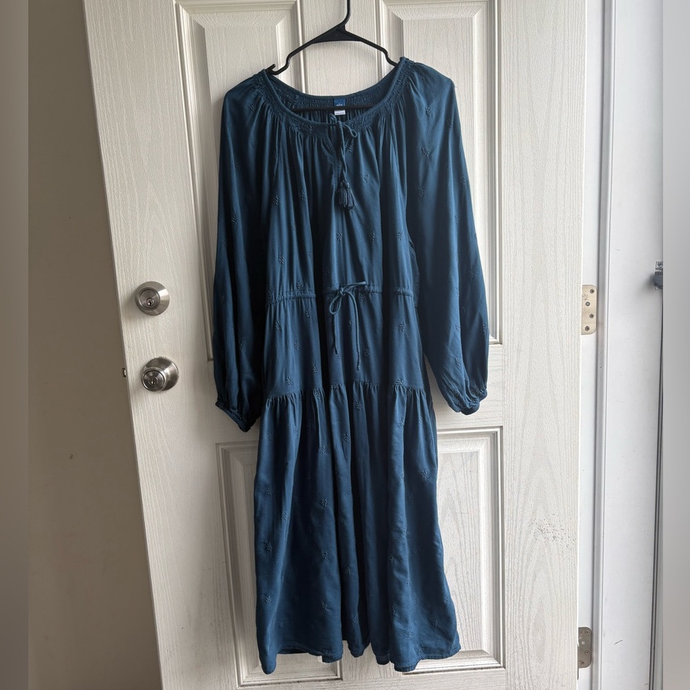 Old Navy Petite Large Boho Dress Blue Teal Embroidered Tiered Peasant